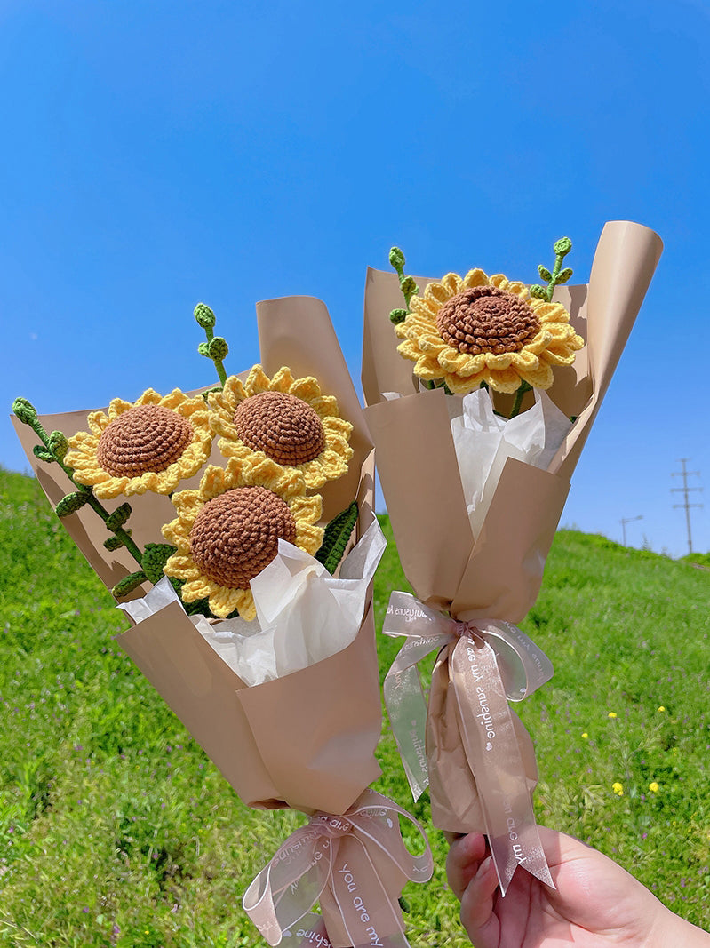 Crocheted Eucalyptus Leaf Sunflower Bouquet