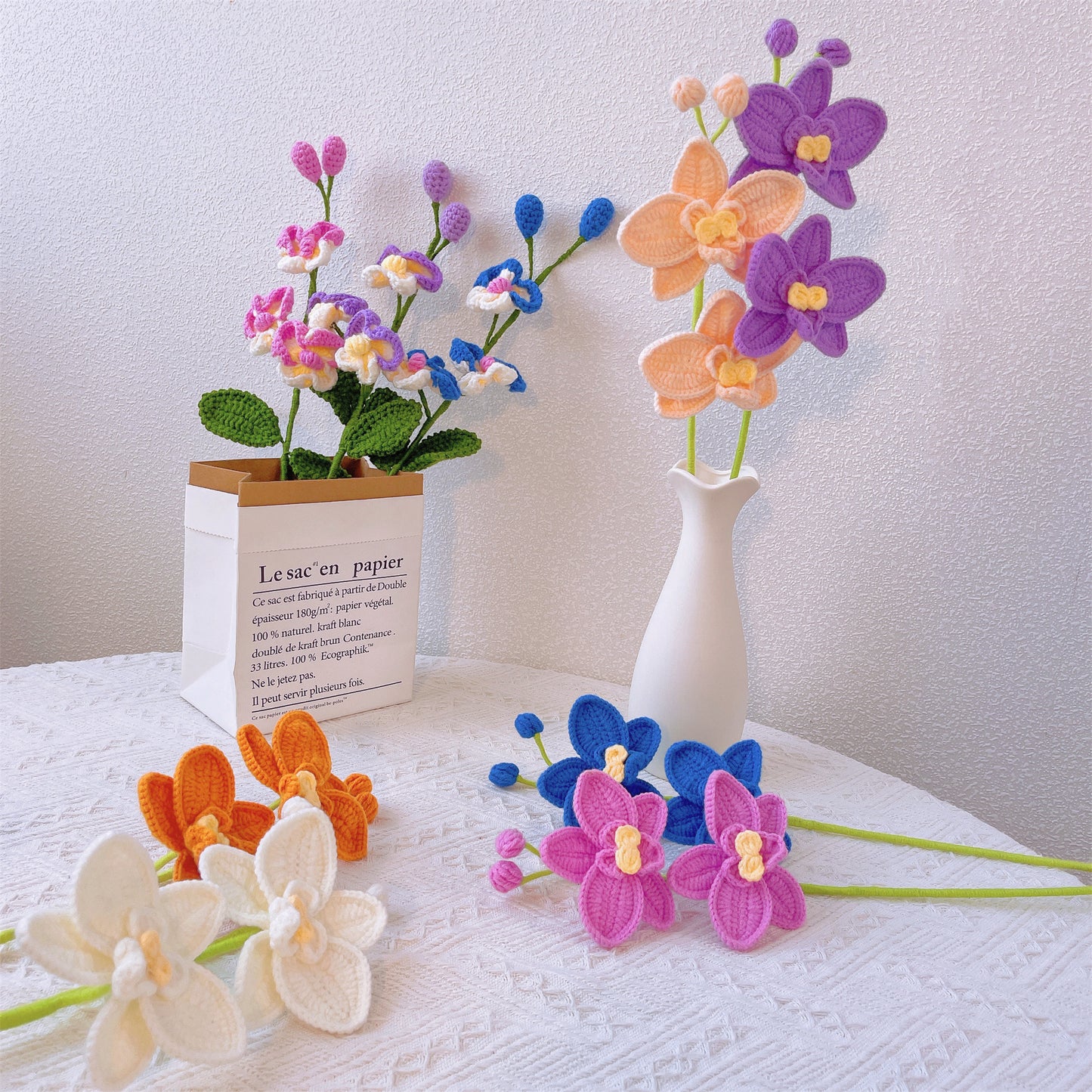 Hand-crocheted double-headed and three-headed phalaenopsis