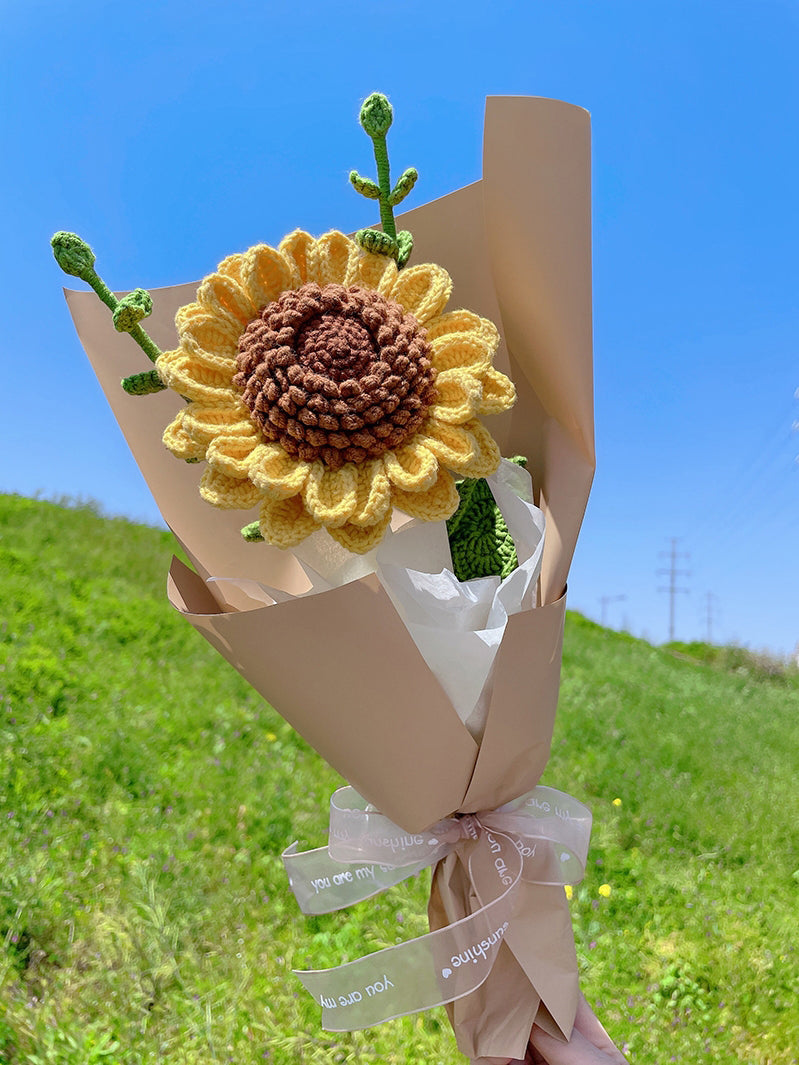 Crocheted Eucalyptus Leaf Sunflower Bouquet