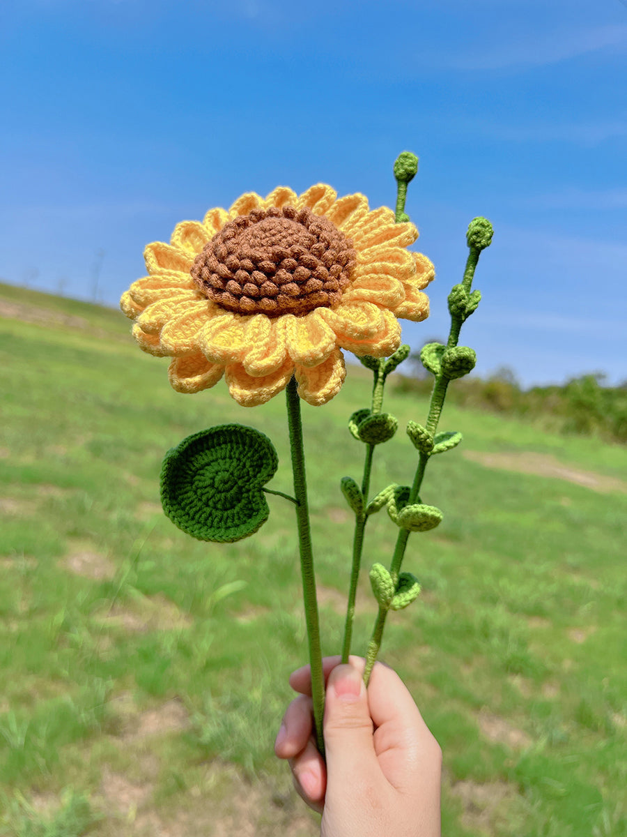 Crocheted Eucalyptus Leaf Sunflower Bouquet
