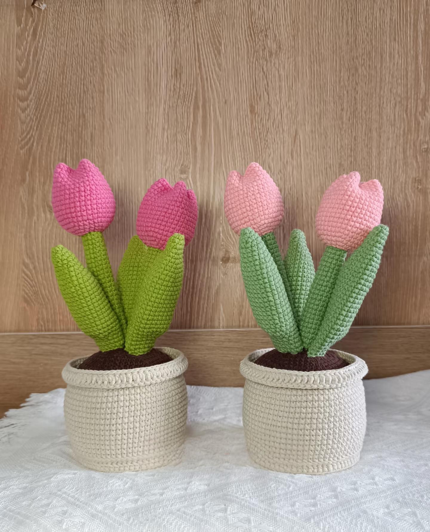 Knitted banana, peach tree and money tree potted plants