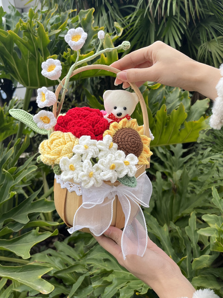 Crocheted Mixed Flower Basket-Bear