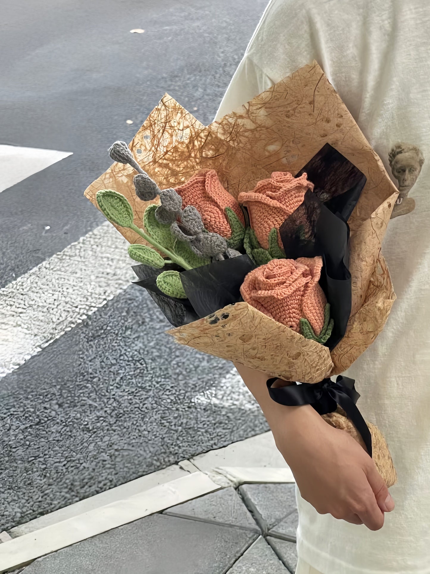 Hand-crocheted cappuccino rose bouquet