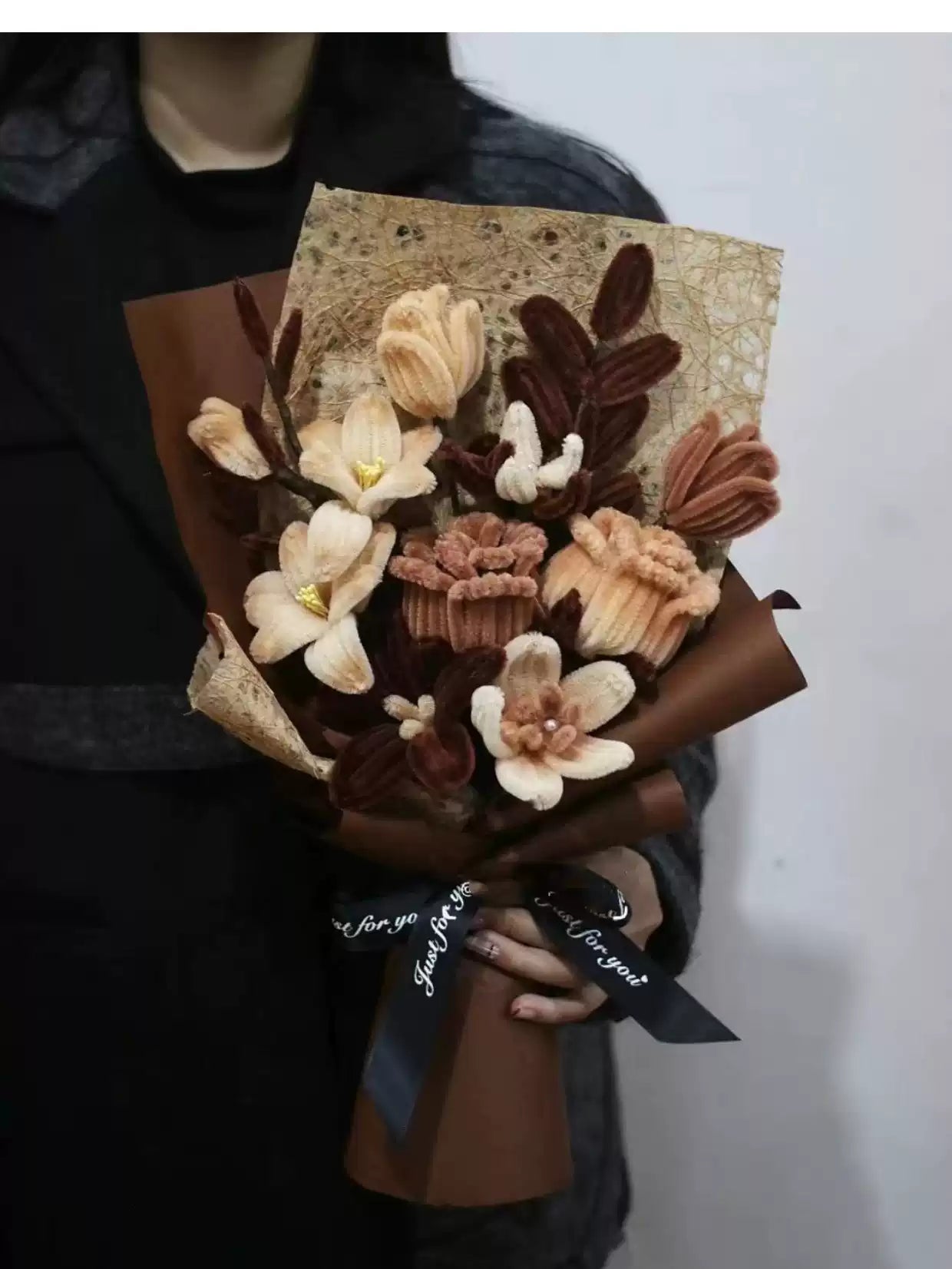 Homemade woven bouquet of twist stick roses