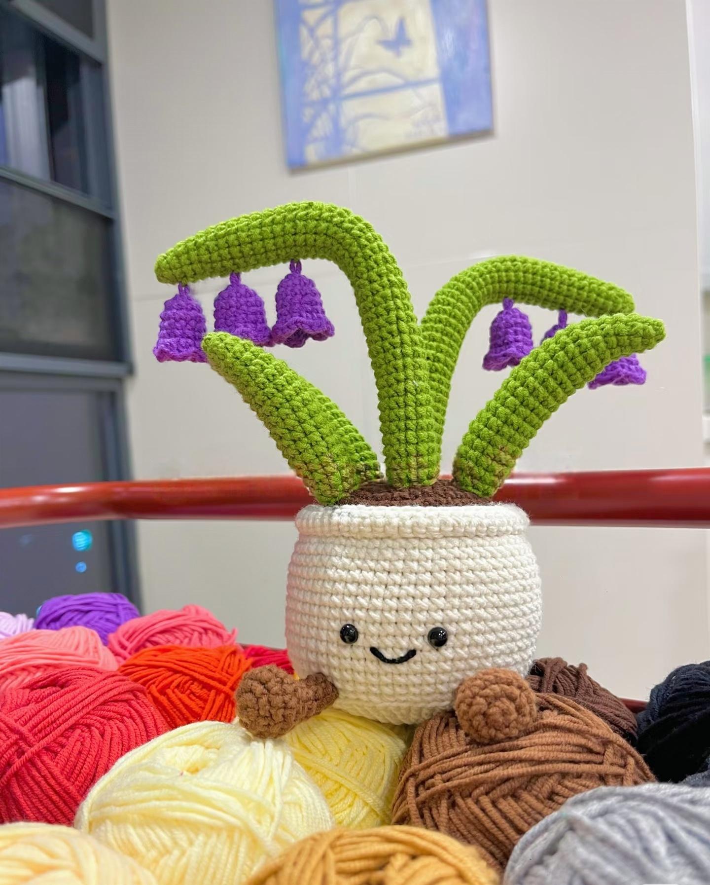 Knitted banana, peach tree and money tree potted plants