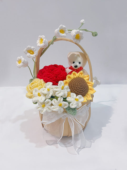 Crocheted Mixed Flower Basket-Bear