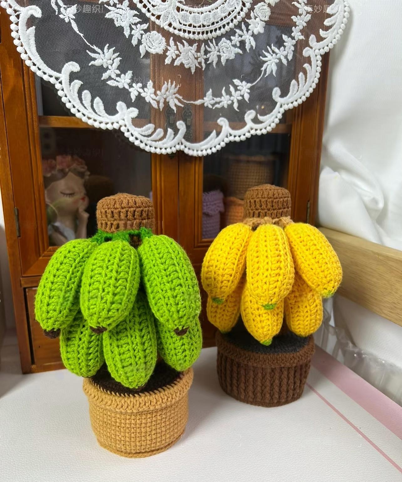 Knitted banana, peach tree and money tree potted plants
