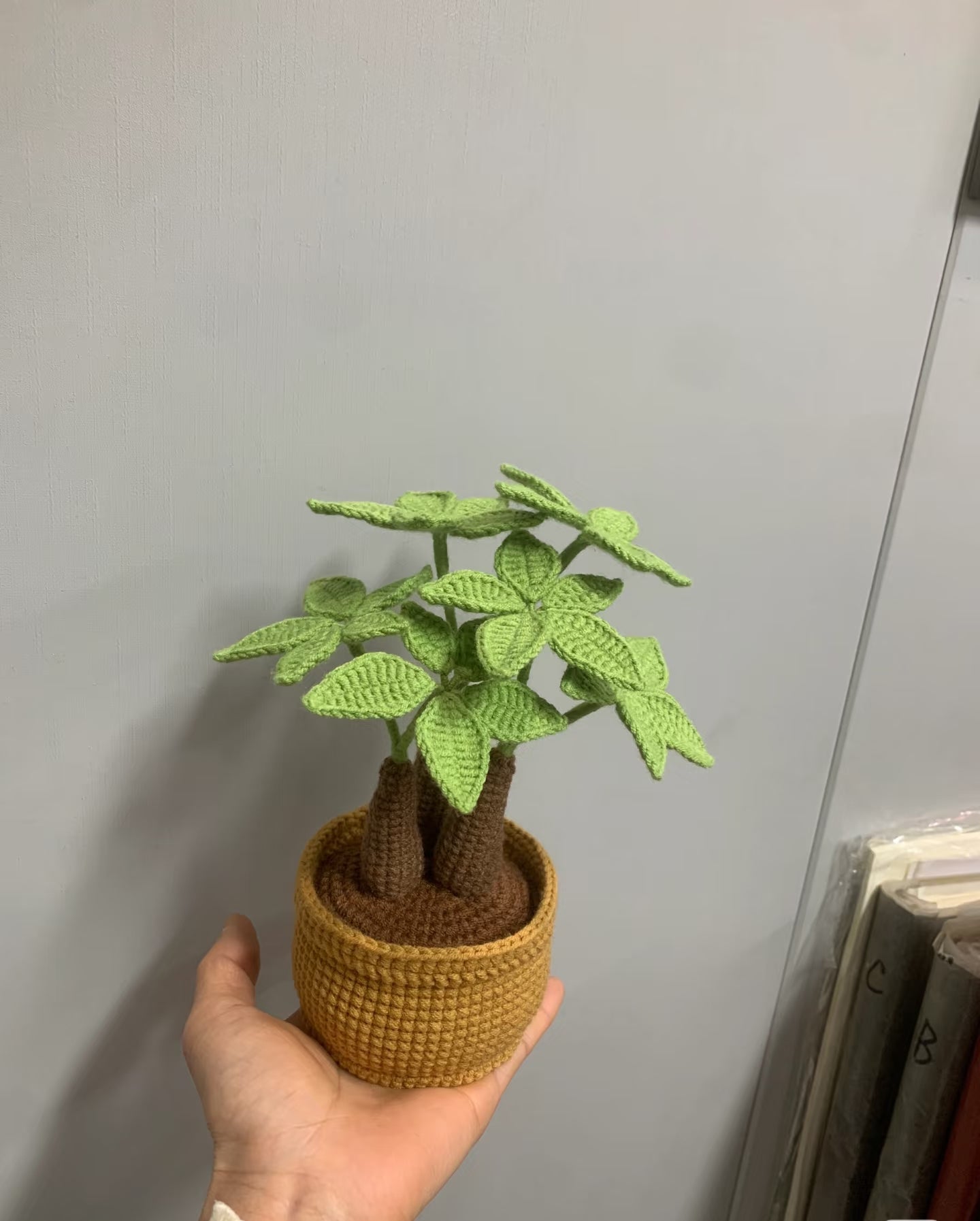 Knitted banana, peach tree and money tree potted plants