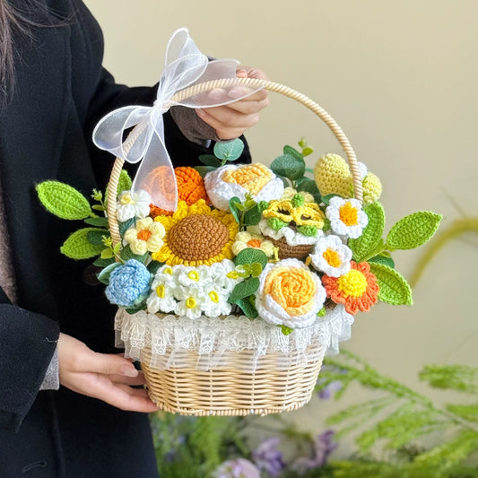 Hand-woven rose and sunflower flower basket