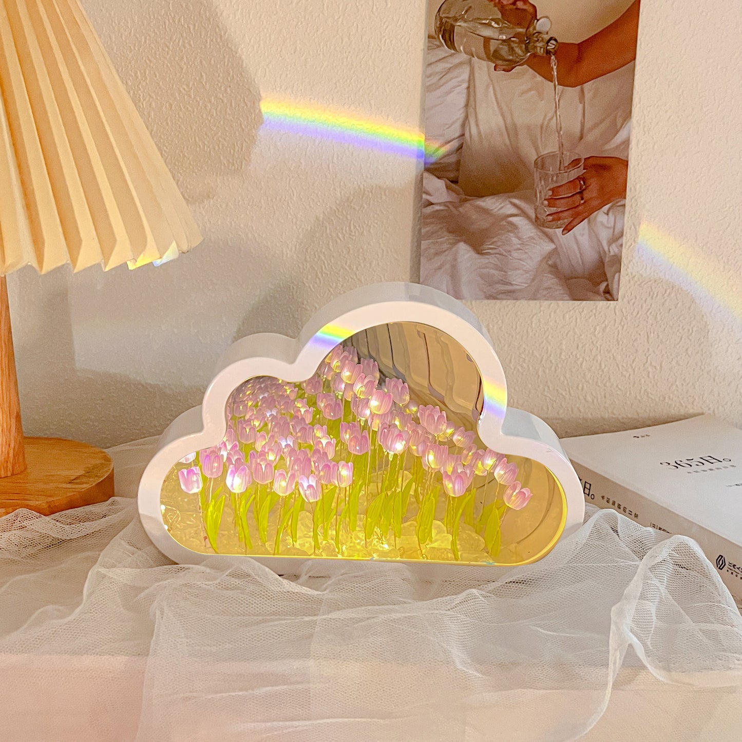 Cloud tulip mirror + sea of roses + night light