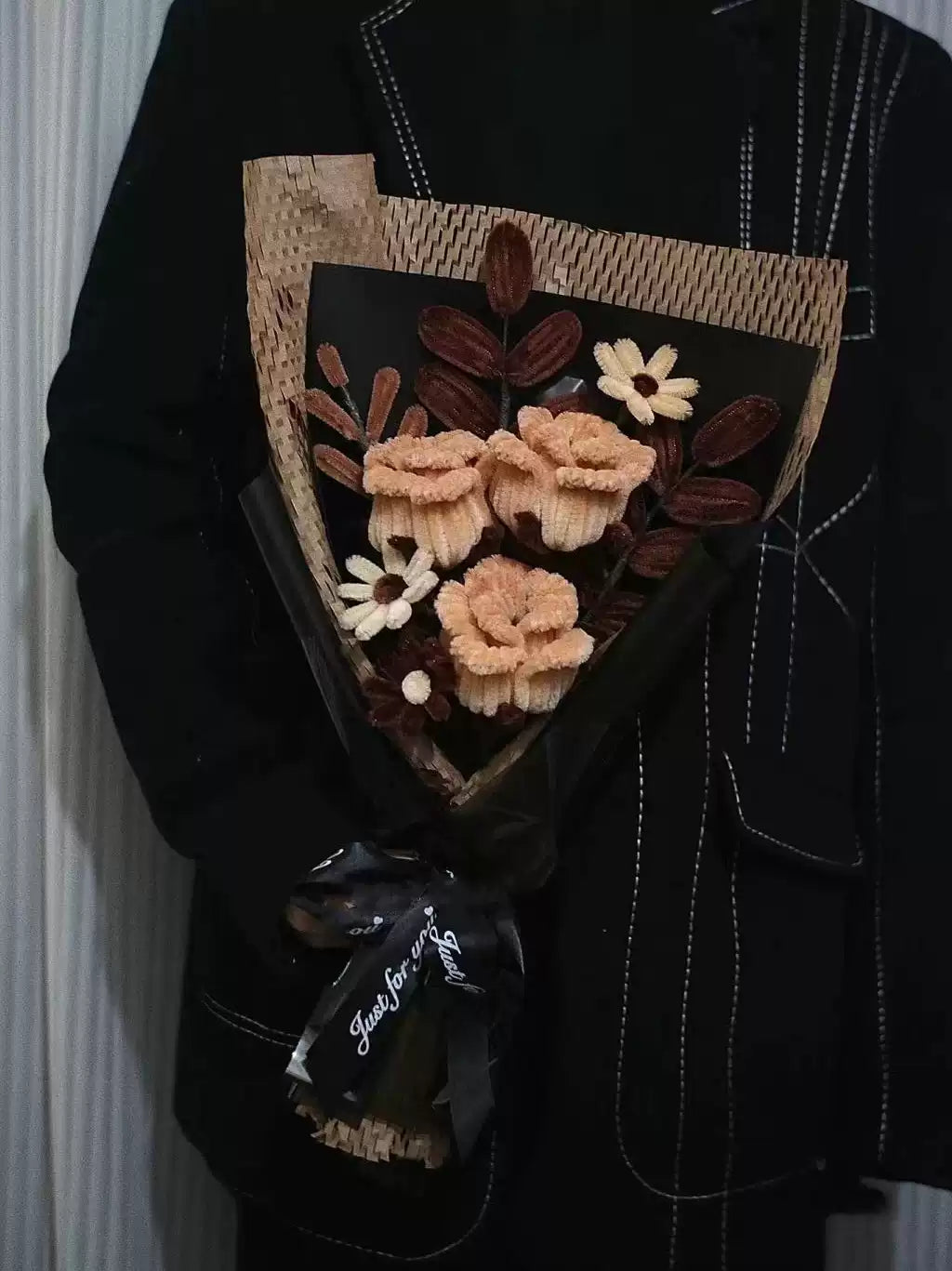 Homemade woven bouquet of twist stick roses