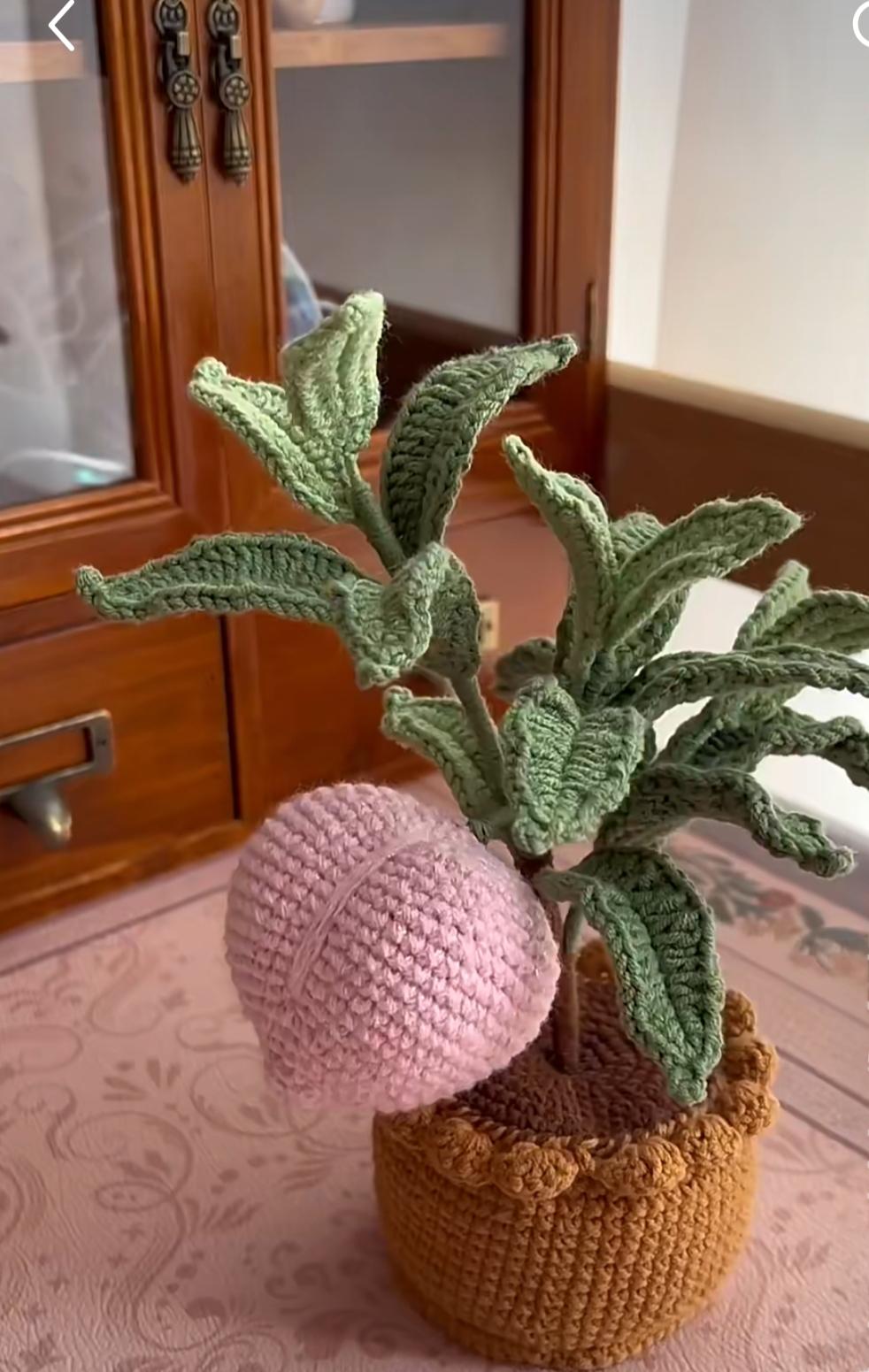 Knitted banana, peach tree and money tree potted plants