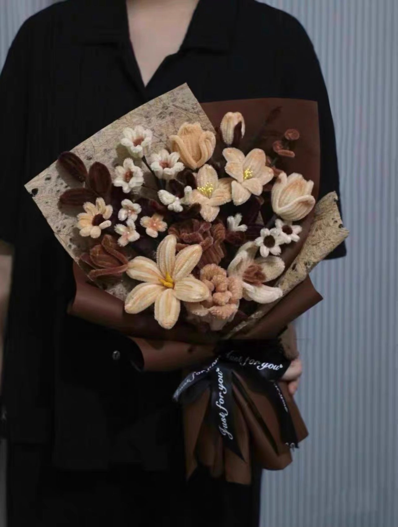 Homemade woven bouquet of twist stick roses