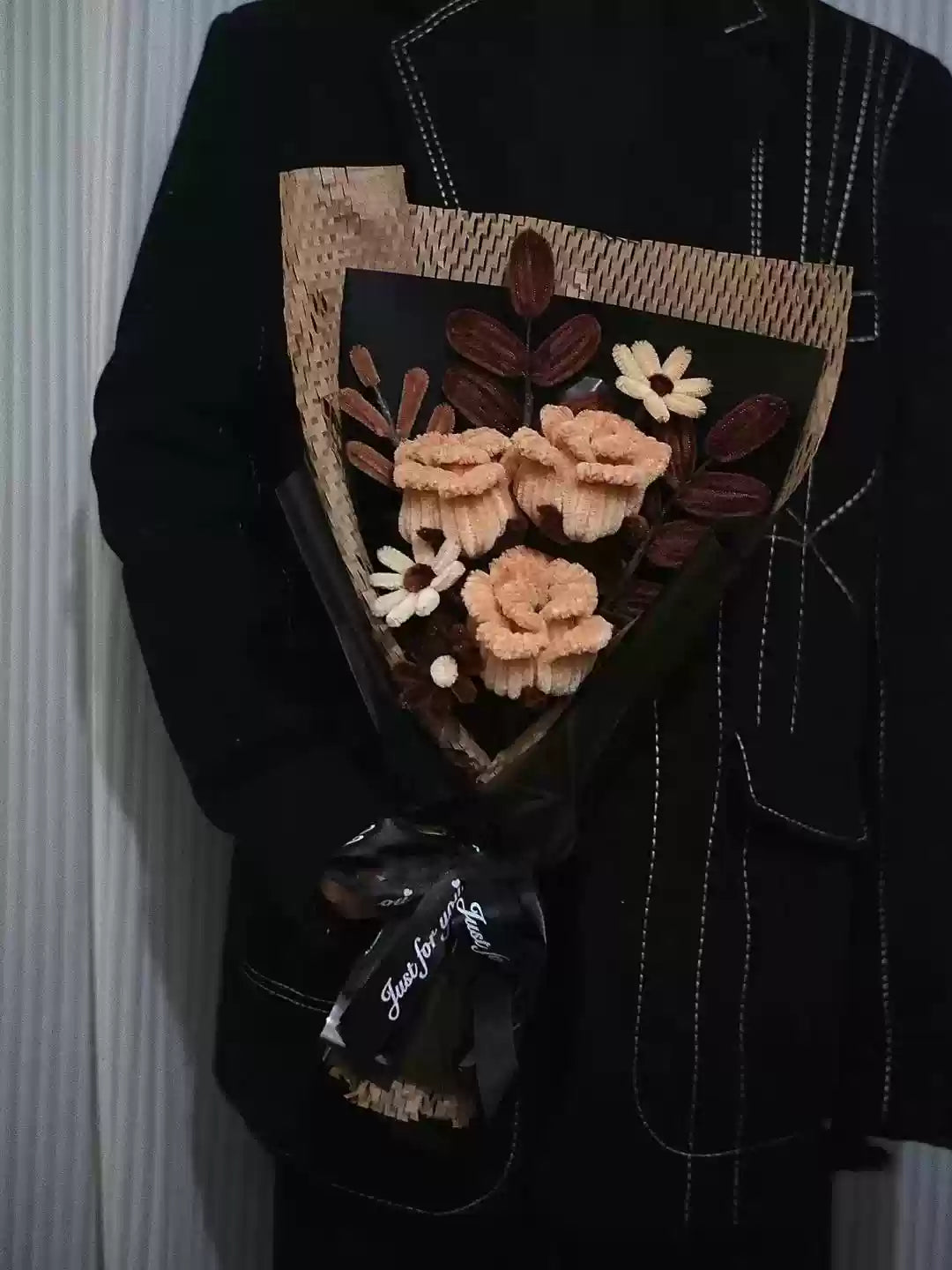 Homemade woven bouquet of twist stick roses