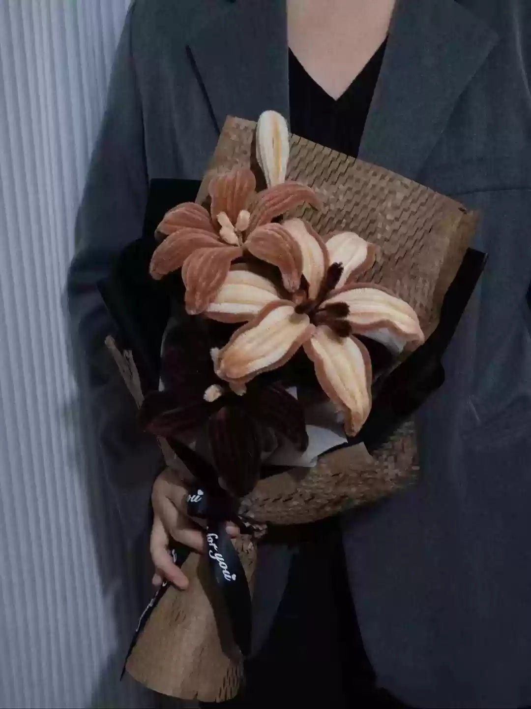 Homemade woven bouquet of twist stick roses