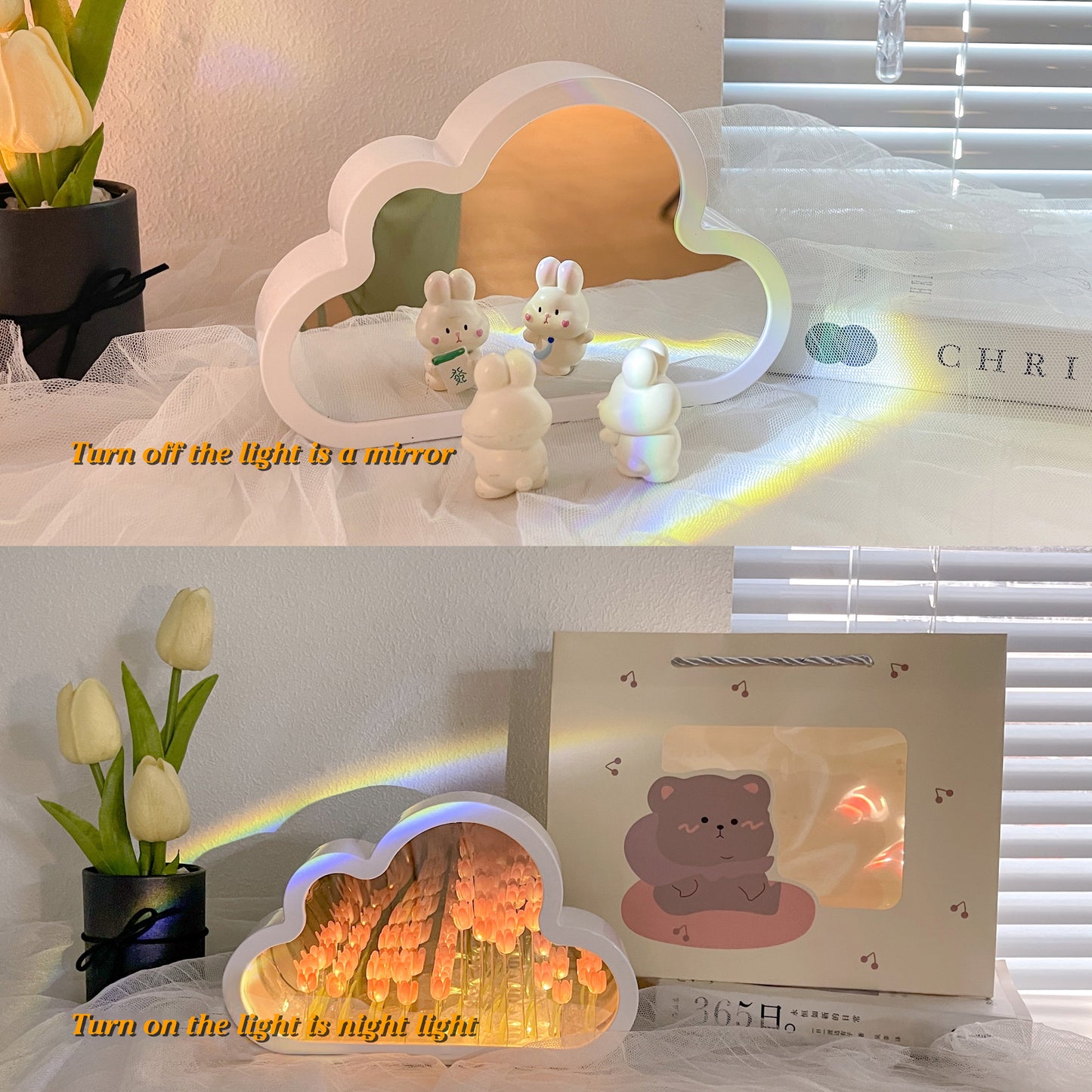 Cloud tulip mirror + sea of roses + night light
