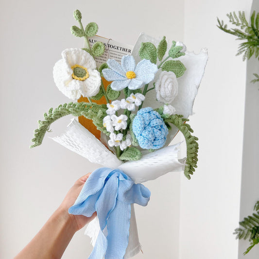 Handmade crocheted blue and white flower bouquet