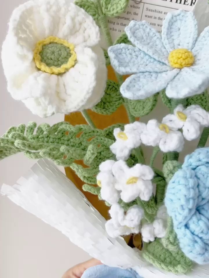 Handmade crocheted blue and white flower bouquet