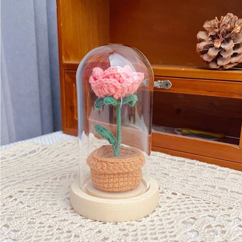 knitted potted plant with glass cover