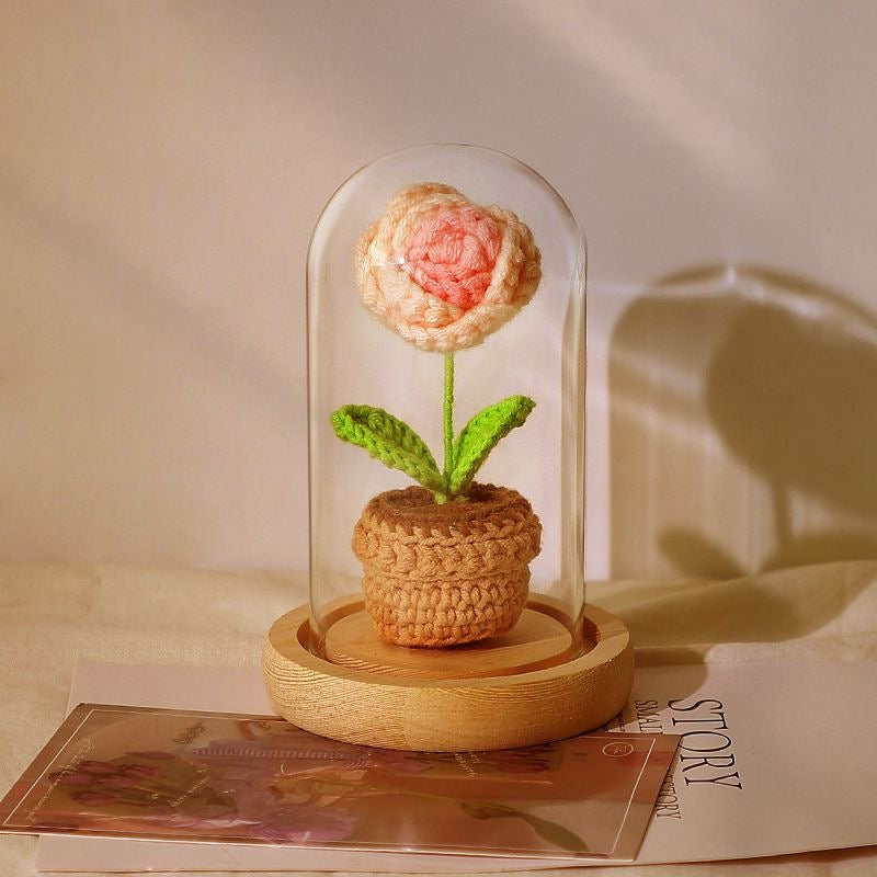 knitted potted plant with glass cover