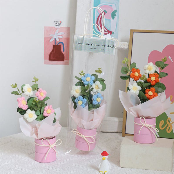 Hand Knitted Puff Flower Bucket