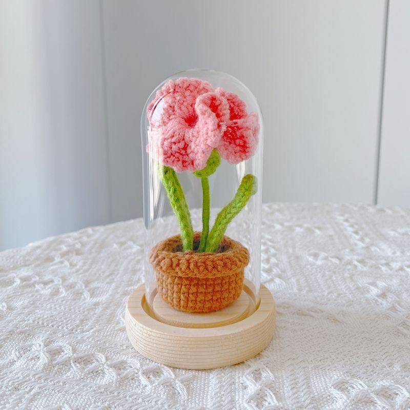 knitted potted plant with glass cover