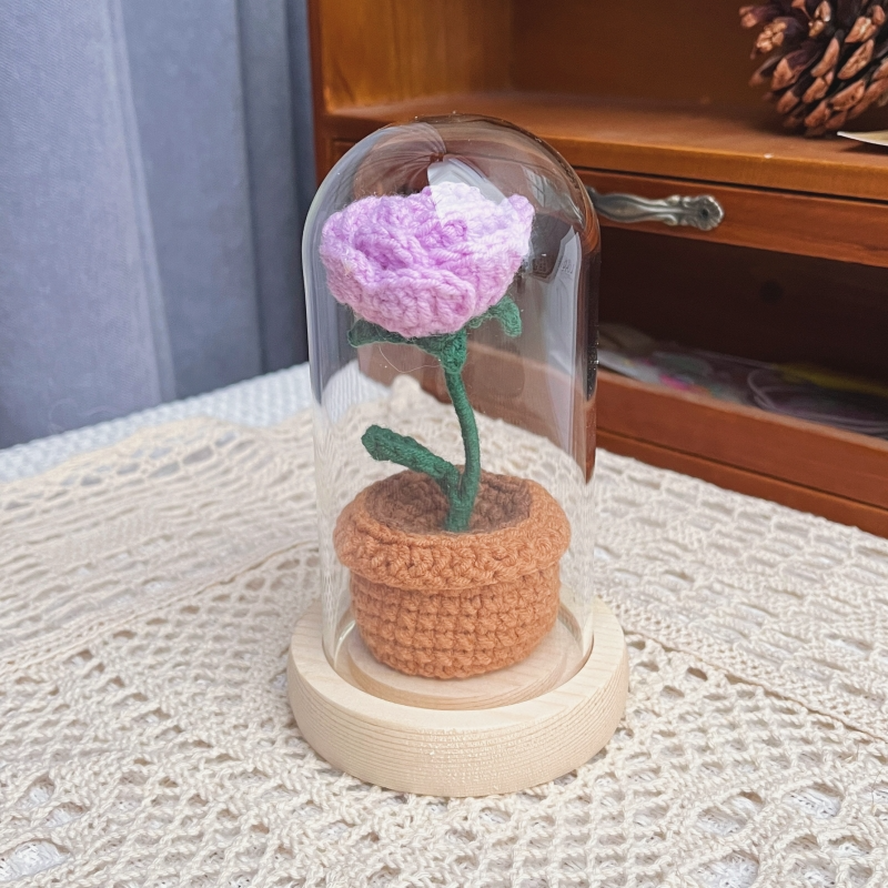 knitted potted plant with glass cover