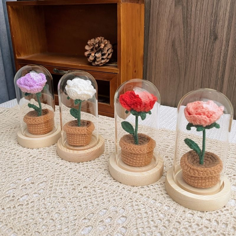 knitted potted plant with glass cover