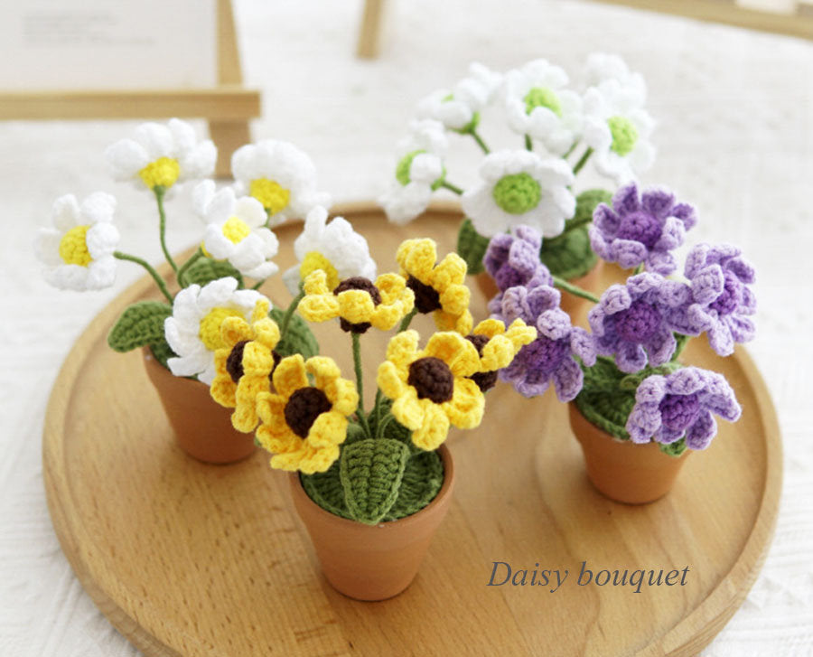 Handmade Crochet Daisy Knitted Potted