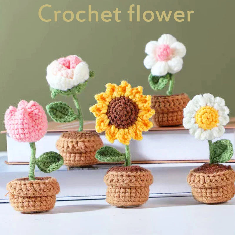 Women Flower Crochet Kit Rose Daisy Lily Tulip Flower Pot Potted