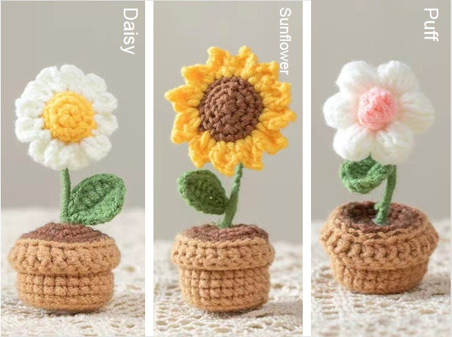 Crochet Potted Flower--Rose/Sunflower/Tulip/Daisy/Puff