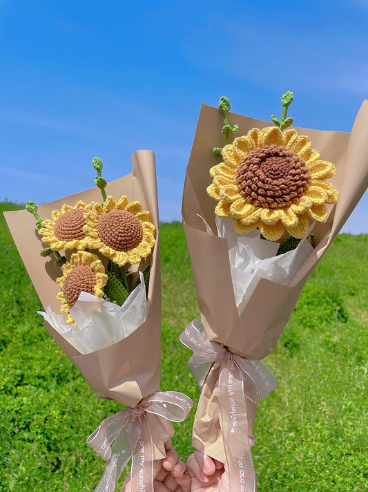 Crocheted Eucalyptus Leaf Sunflower Bouquet