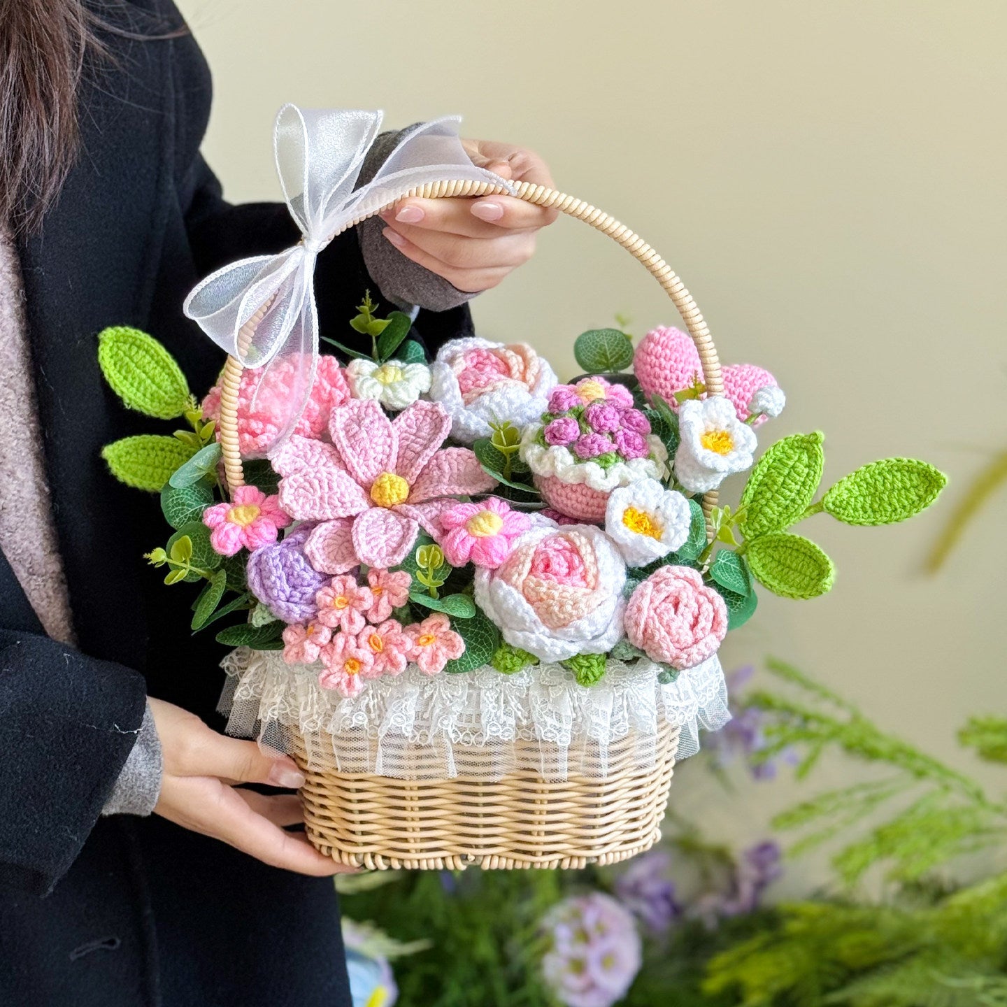 Hand-woven rose and sunflower flower basket