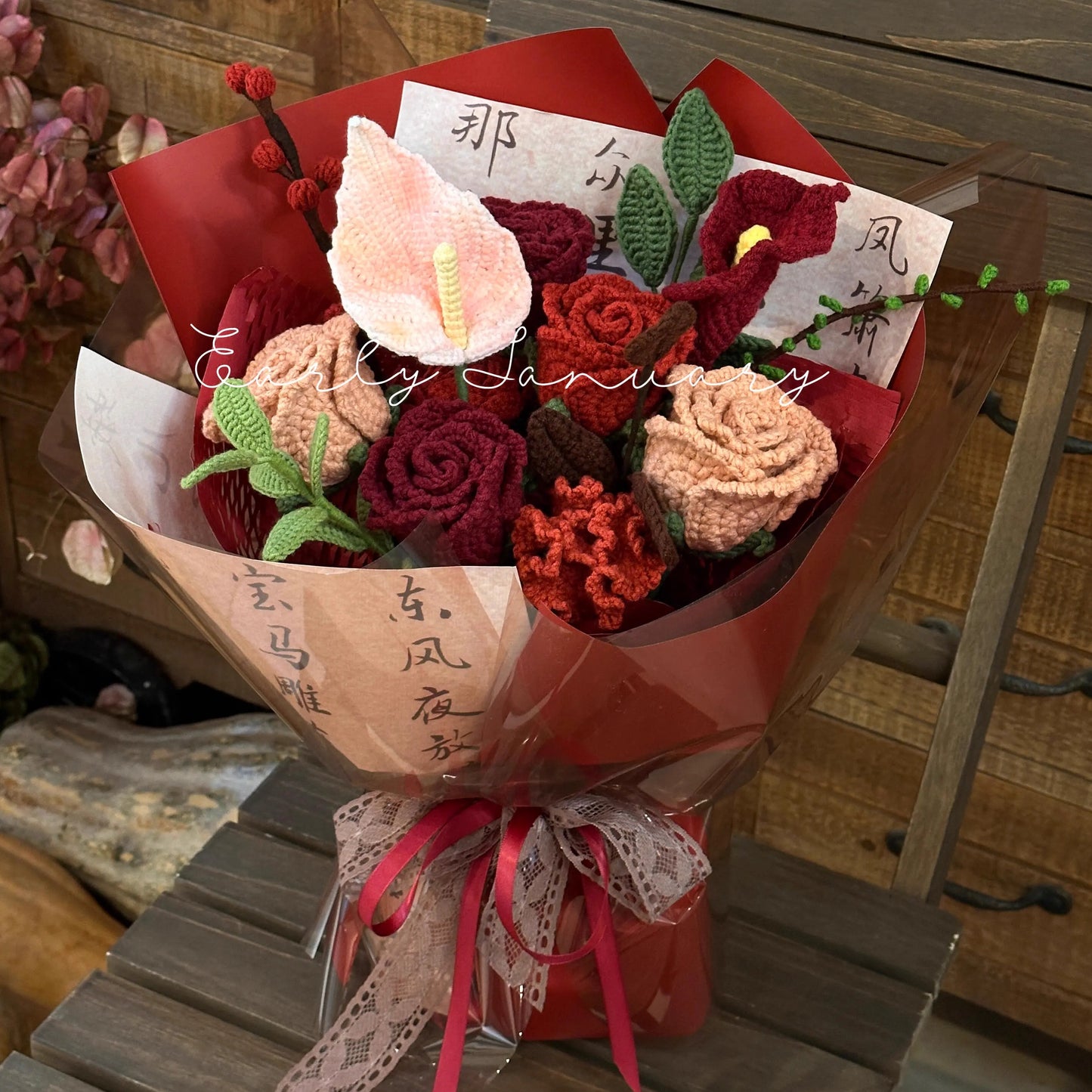 Handmade crocheted rose mixed flower bouquet