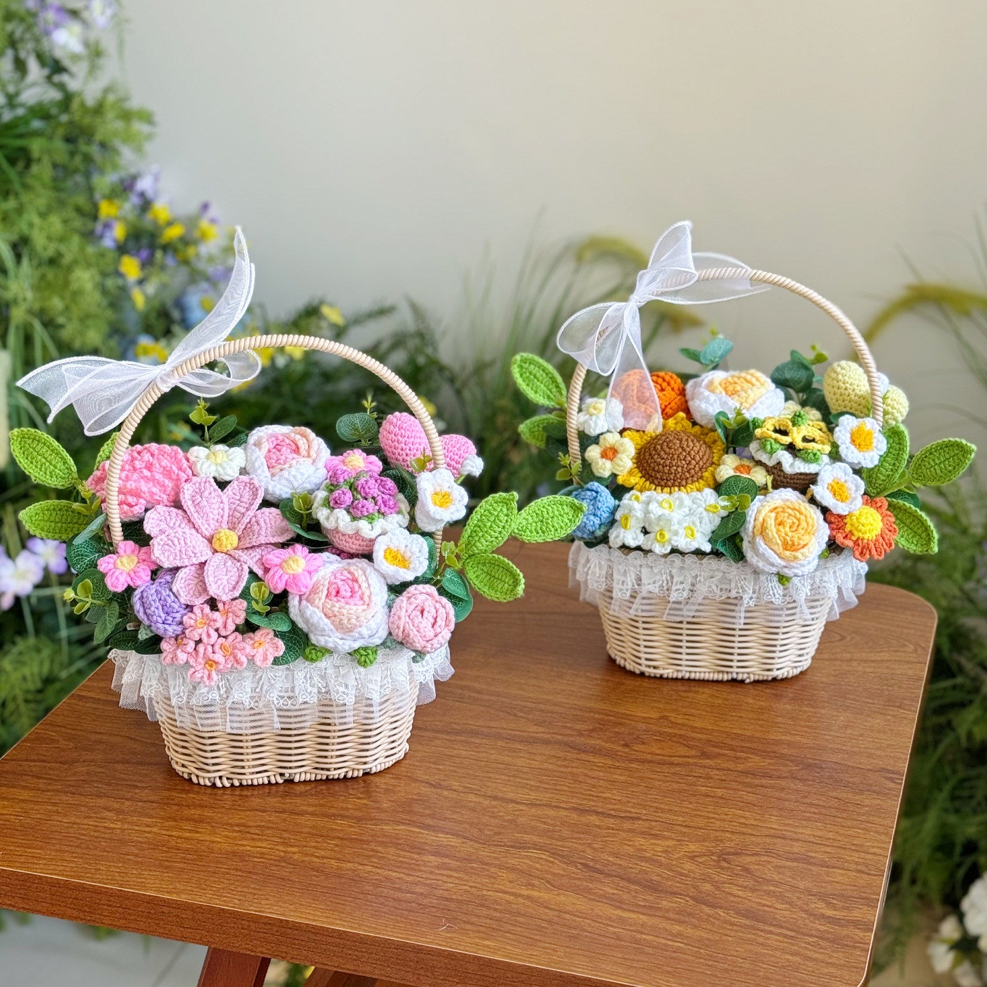 Hand-woven rose and sunflower flower basket