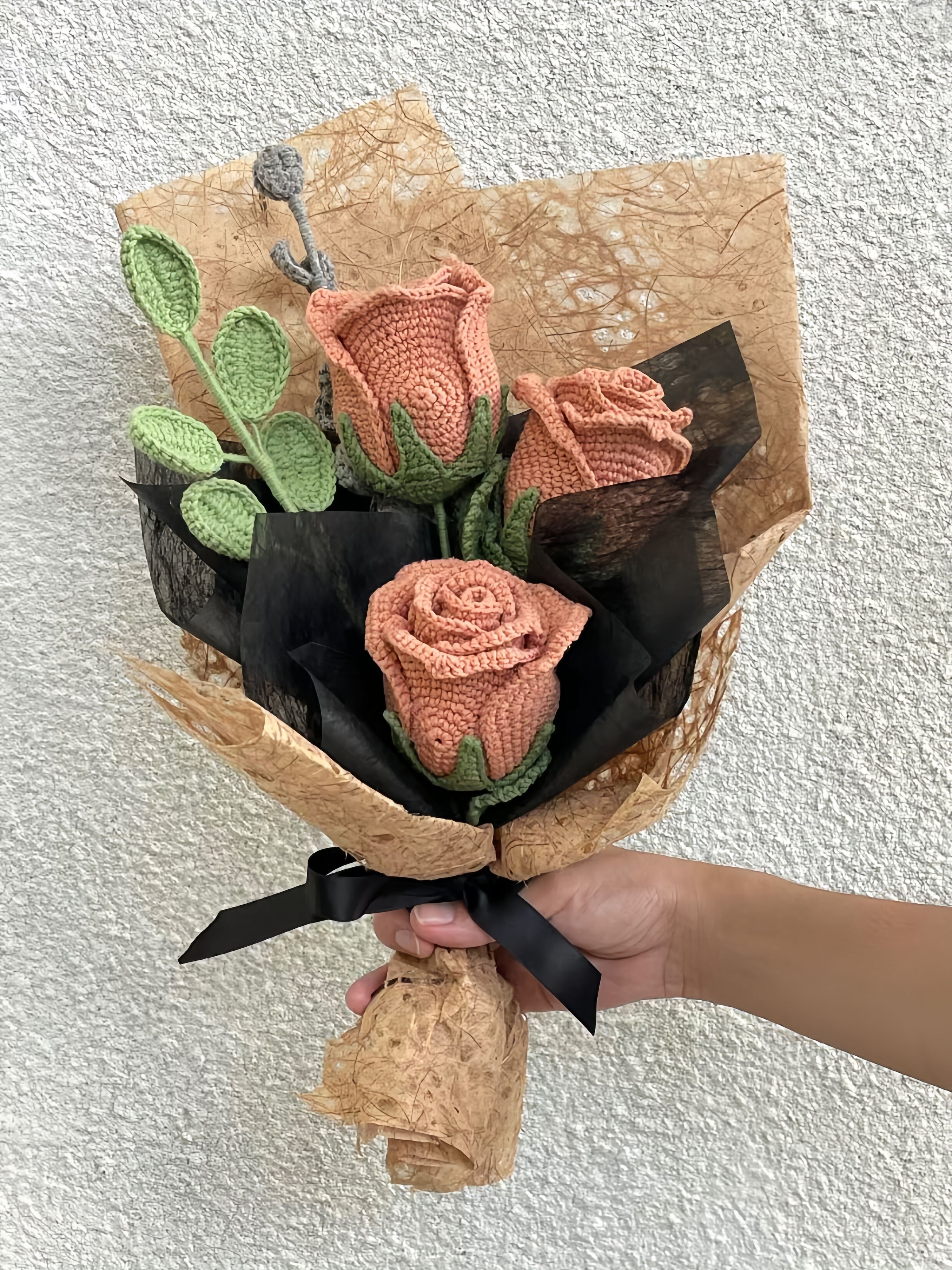 Hand-crocheted cappuccino rose bouquet