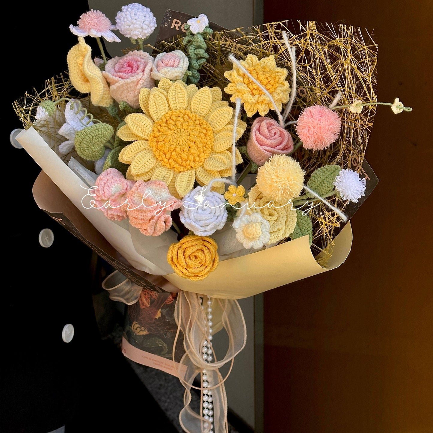 Handmade crocheted rose mixed flower bouquet