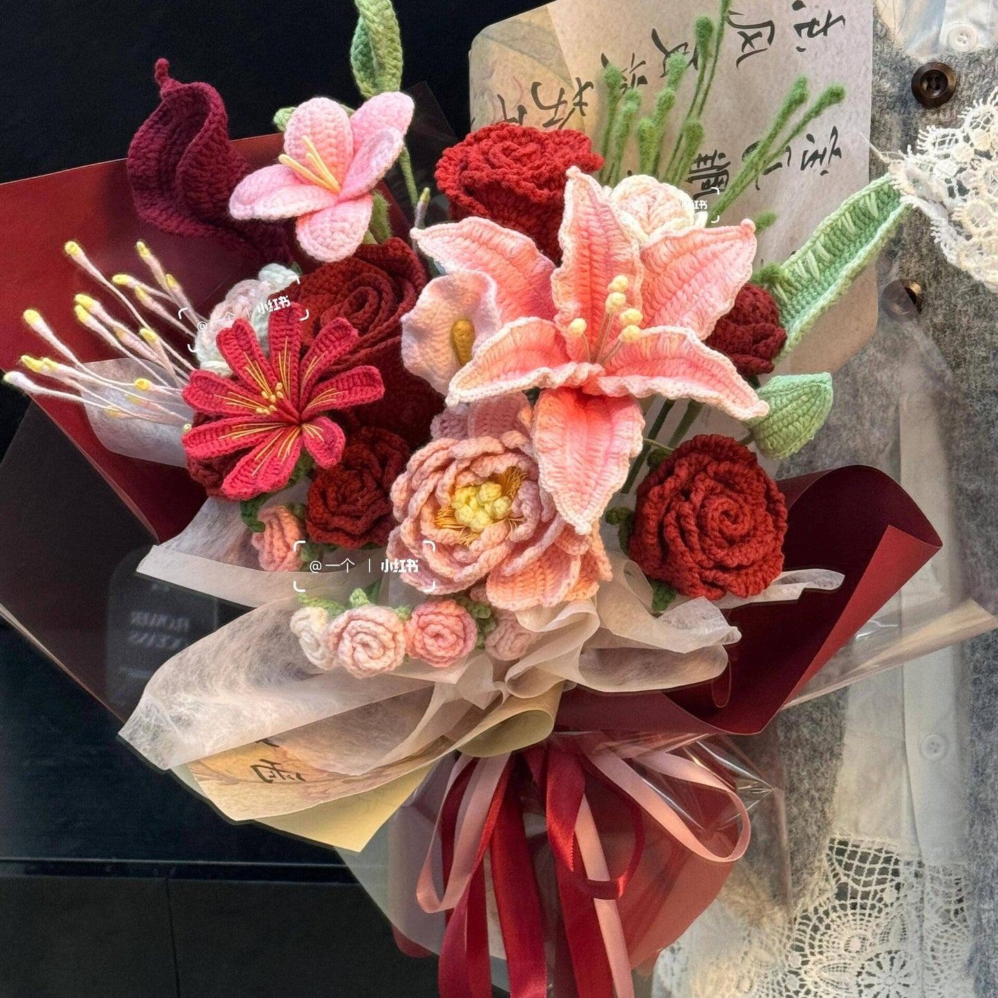 Handmade crocheted rose mixed flower bouquet