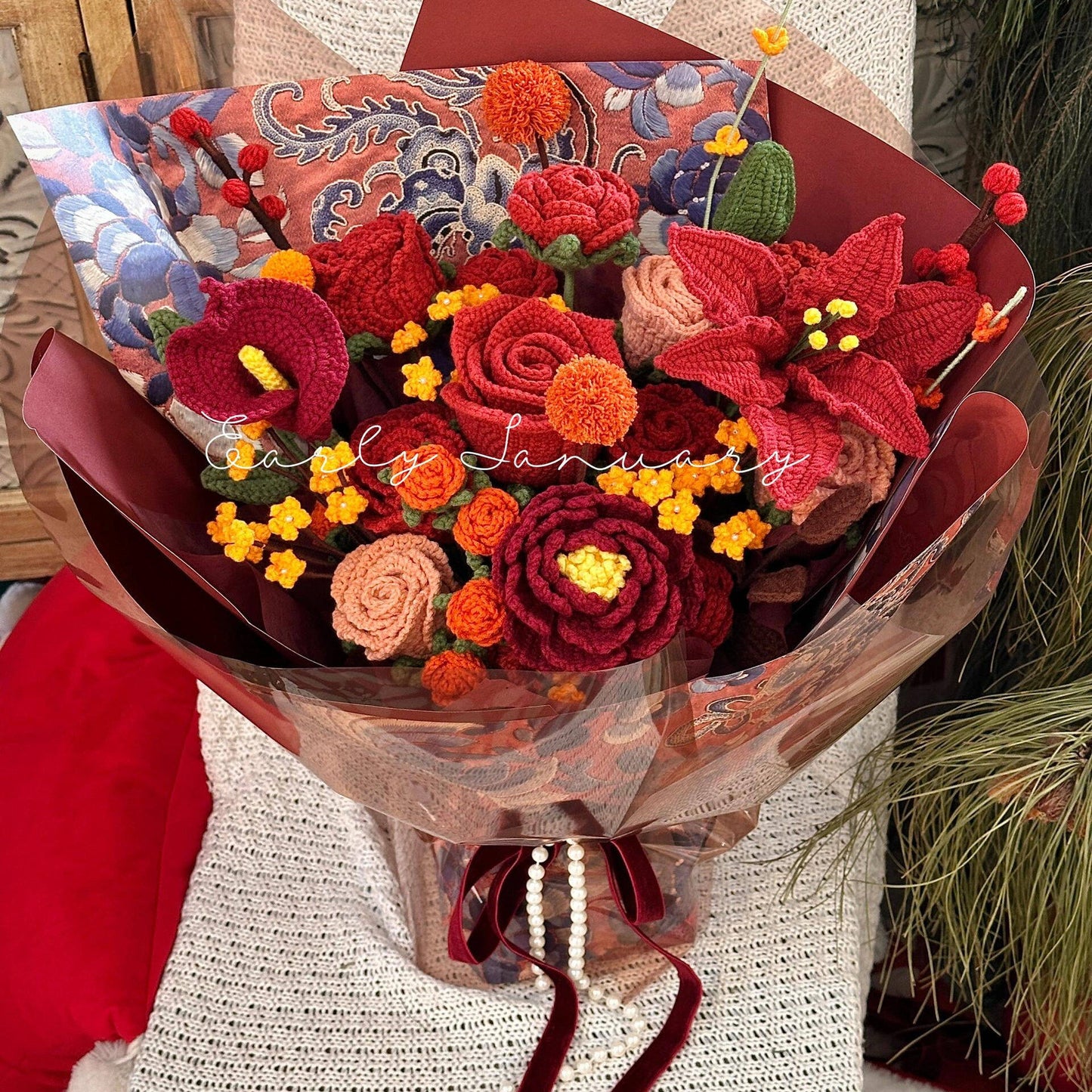 Handmade crocheted rose mixed flower bouquet