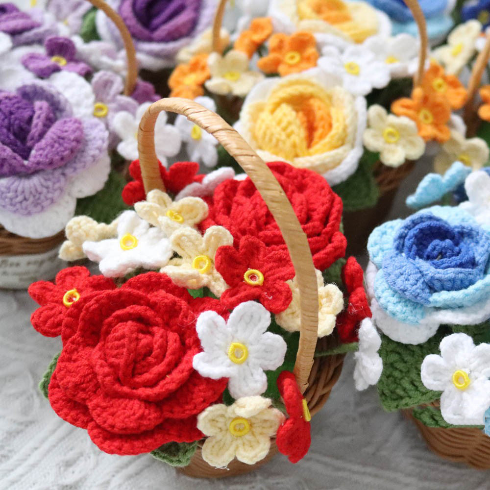 Crocheted rose flower basket