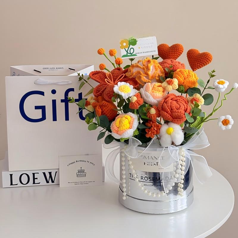 Hand-crocheted silver hugging bucket