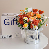 Hand-crocheted silver hugging bucket