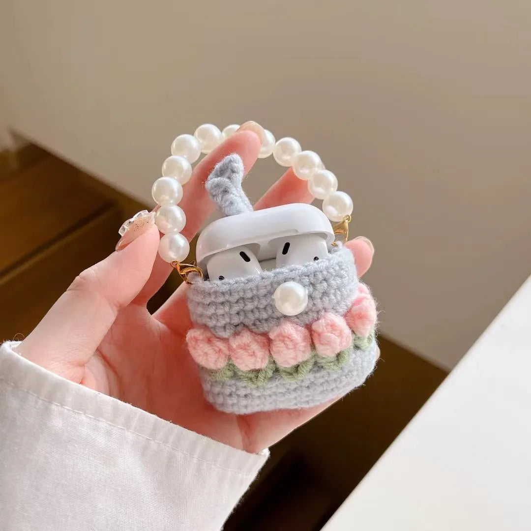 Pink Tulip and Pearl Knitted Airpods Case