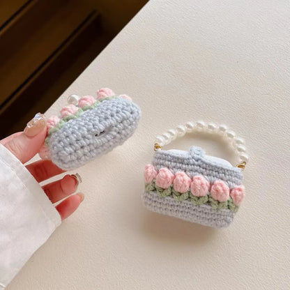 Pink Tulip and Pearl Knitted Airpods Case