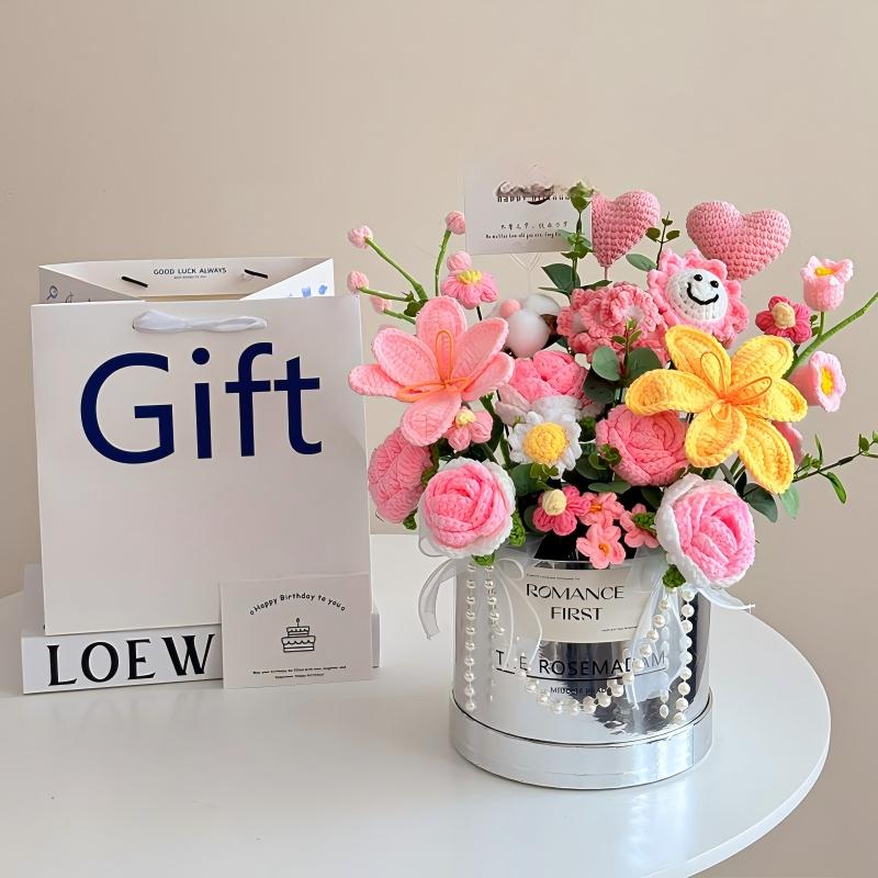 Hand-crocheted silver hugging bucket