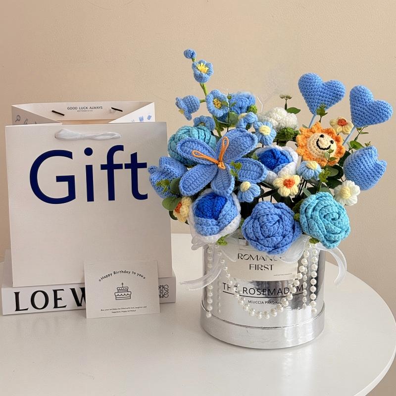 Hand-crocheted silver hugging bucket