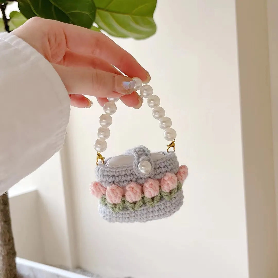 Pink Tulip and Pearl Knitted Airpods Case