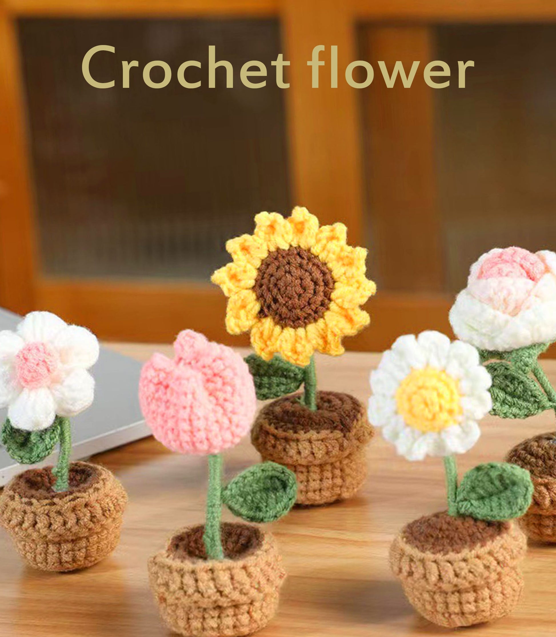 Women Flower Crochet Kit Rose Daisy Lily Tulip Flower Pot Potted